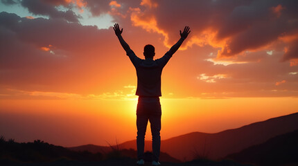 Fototapeta premium Empowerment in Nature: Flat Man Silhouette with Raised Arms Against a Vibrant Sunset Sky