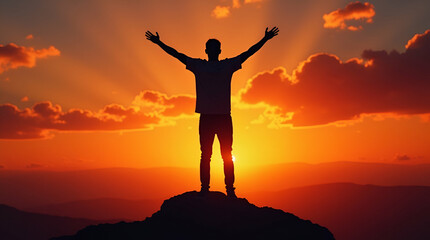 Fototapeta premium Flat Man with raised arms silhouetted against stunning sunset sky vibrant colors nature scenic landscape empowerment pose concept as Man raising arms against vibrant sunset embodying freedom and empow