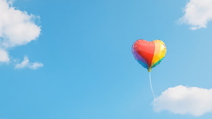 Fototapeta premium colorful heart shaped rainbow balloon floats joyfully against bright blue sky with scattered clouds, creating cheerful and uplifting scene