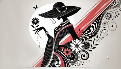 A stylish and elegant silhouette of a woman wearing a wide-brimmed hat and a long, flowing dress with intricate patterns, with a Mother's Day theme.