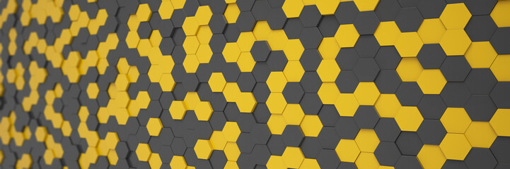 3d rendering of hexagons in black and yellow over yellow background - abstract background - wallpaper - backdrop.