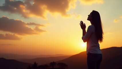 Fototapeta premium Flat Silhouette of woman praying over beautiful sky background illustrating faith and spiritual devotion in serene natural backdrop. concept as Silhouette of woman praying over beautiful sky backgroun