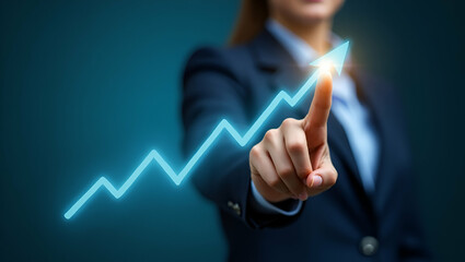 Empowering Businesswoman Pointing at Digital Arrow Graph: A Simple Flat Vector Illustration of Investment Profit Growth and Business Development Success