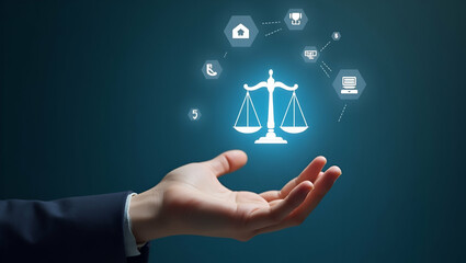 Flat Hand Holding Holographic Justice Symbol for Legal Services Online
