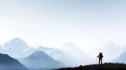 Fototapeta premium lone hiker stands on mountain peak, surrounded by majestic peaks and misty valleys, evoking sense of adventure and tranquility