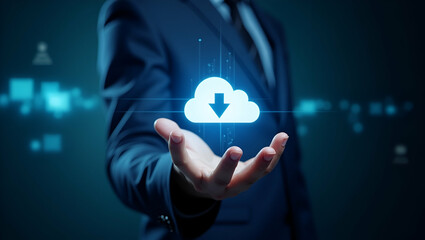 businessman showing virtual glowing cloud computing download loading data information upload system network application data transfer technology data transformation concept concept as Businessman demo