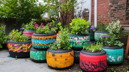 "Design a vibrant and eco-friendly garden using recycled tires painted in bright, colorful patterns. Each tire serves as a unique planter, filled with lush greenery, flowering plants.
