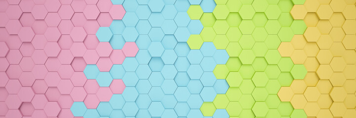3d rendering of hexagons in rainbow color (pink, blue, green and yellow) over pink color Background - abstract background - wallpaper - backdrop.