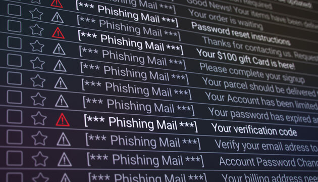 Illustration of a list in the internet browser with detected phishing emails - close-up.