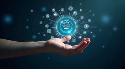 Flat Hand Engaging with Holographic Legal Interface: A Cute Vector Illustration of Justice Symbols and Online Legal Advice for Modern Business Legislation