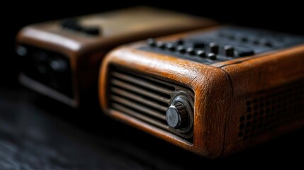 Vintage wooden radios on dark table, close-up,  background blurred.  Possible use antique, retro, or history theme