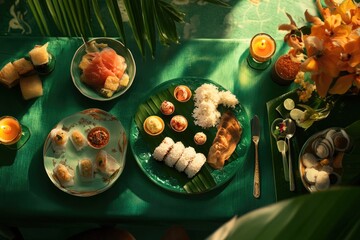 A green table with Hari Raya foods on the table