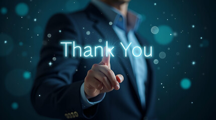 Hand Interacting with Holographic Thank You Message Interface: Glowing Symbols of Gratitude in Business Interactions - Stock Photo Concept with Empty Space