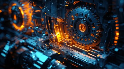 A futuristic mechanical system with exposed gears and cogs, illuminated by warm orange and cool blue lighting for a high-tech industrial feel