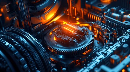 Fototapeta premium A futuristic mechanical system with exposed gears and cogs, illuminated by warm orange and cool blue lighting for a high-tech industrial feel