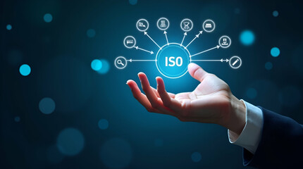 Flat Hand Engaging with Holographic ISO Standards Interface for Quality Assurance & Business Tech