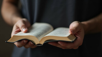 Close-Up of Man's Hands Studying the Bible: A Representation of Faith, Religious Study, and Personal Devotion with Empty Space for Stock Photo Concepts