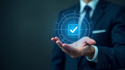 Hand Confirms Secure Online Payment on Holographic Digital Interface with Verification Tick Symbol - Stock Photo Concept Featuring Empty Space for Customization