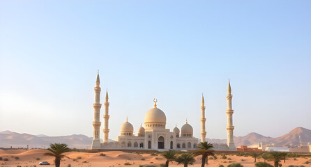 Naklejka premium Islamic holy places, soft golden sand dunes, mosques in the middle of the Arabian desert nature background