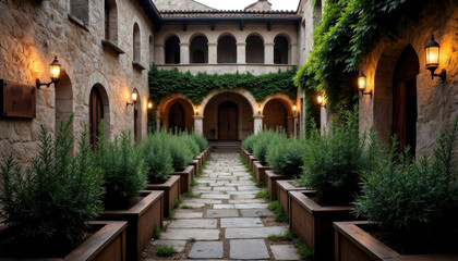 Naklejka premium Tranquil european courtyard with lush greenery and vintage architecture