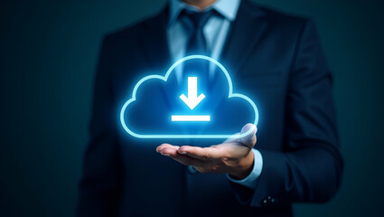 Businessman Demonstrating Virtual Cloud Computing for Data Transfer and Transformation Concepts