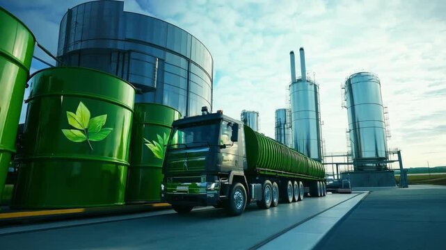 A green biofuel truck unloads its cargo at a modern biofuel facility during a sunny afternoon in an industrial area