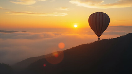 Fototapeta premium Hot air balloon epic flight above foggy mountain sunrise aerial view high altitude drone perspective horizon natural synergy marketing concept as Spectacular scene highlights serene flight brand messa