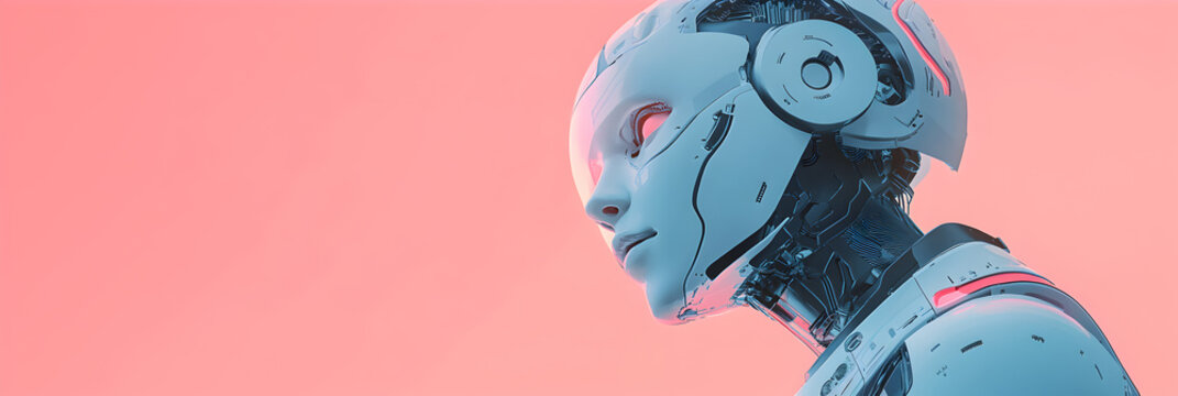 A woman in a robot suit stands in front of a pink background
