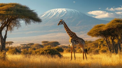 A giraffe stands tall against Mount Kilimanjaro, framed by acacia trees and golden savanna grasses. © Sirinya