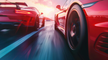 High speed race red sports cars competing on a wet track at sunset
