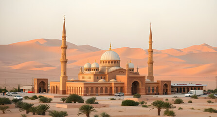Islamic holy places, soft golden sand dunes, mosques in the middle of the Arabian desert nature background