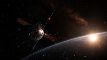 Naklejka premium Spacecraft Orbiting Earth at Sunrise (1)