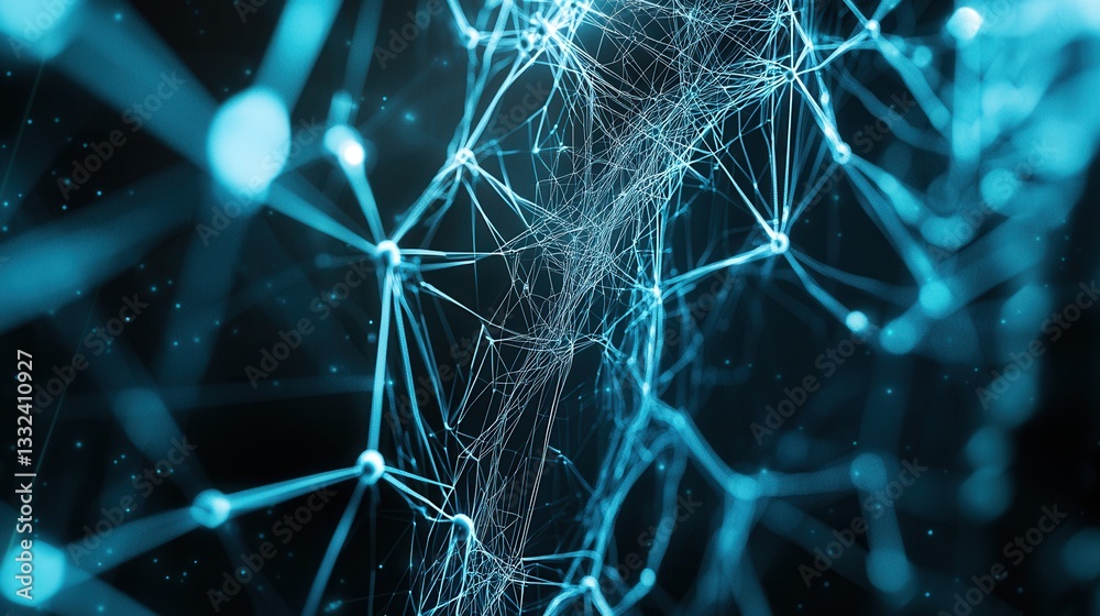 Poster a complex glowing digital grid with interconnected nodes and lines against a vibrant dark blue backd
