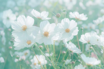 Springtime bloom of delicate white cosmos flowers in a soft pastel field