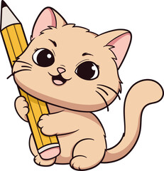 Cute Cartoon Cat Holding a Pencil
