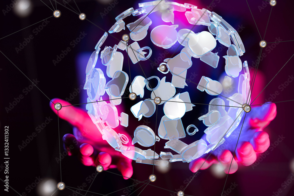 Aufkleber Global network. Blockchain. 3D illustration. Neural networks and artificial intelligence. Abstract