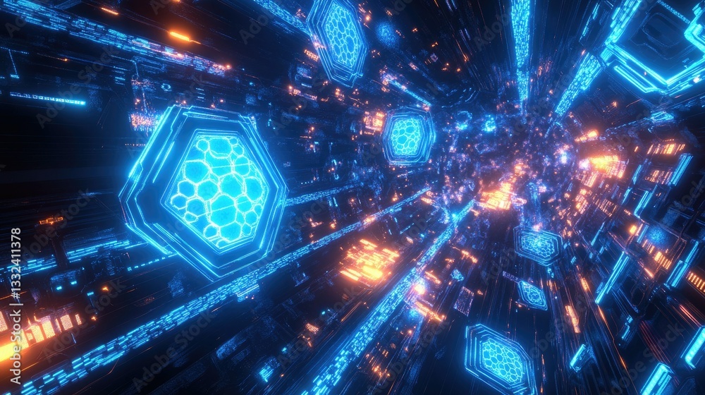 Poster a glowing, high-tech interface of blue hexagons and circuit patterns, blending abstract design with 