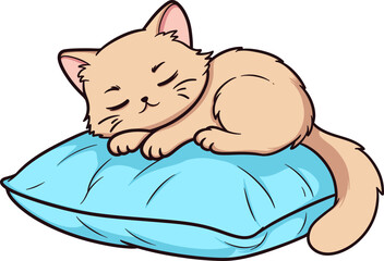 Cute Cartoon Cat Sleeping on Soft Pillow