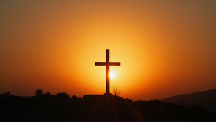 Silhouette of Catholic Cross Against Sunrise: A Symbol of Faith and New Beginnings in Serene Natural Backdrop - Perfect Photo Stock Concept with Empty Space for Text
