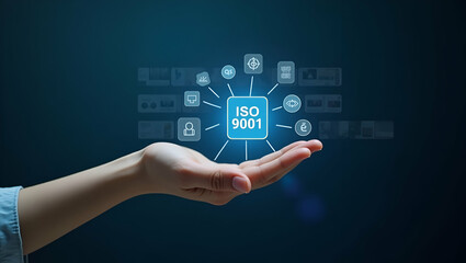 Engaging Flat Hand with Holographic ISO 9001 Certification Device: A Cute Vector Illustration Showcasing Quality Management Icons for Business Standards and Compliance