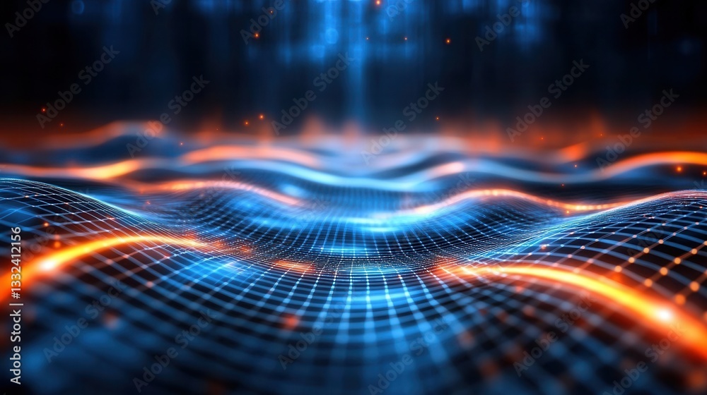 Poster abstract futuristic background with a dynamic grid of glowing blue and orange lines representing a c