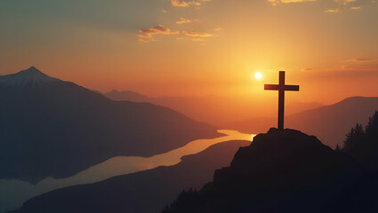 Serene Cross Silhouette at Sunset: Faith and Tranquility Reflected in Nature's Landscape