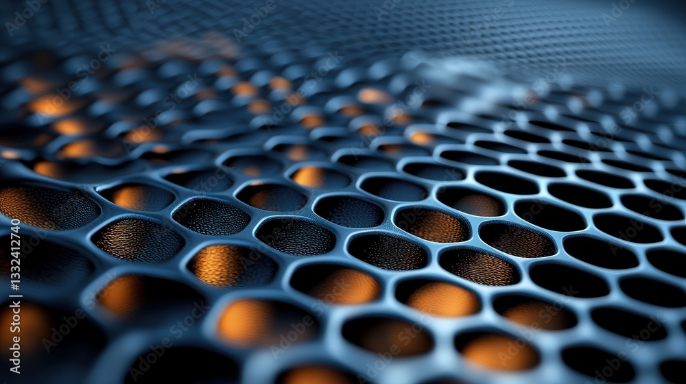 Poster a close up view of an intricate futuristic looking grid network structure with a dark blue and orang