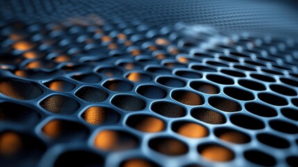 Fototapeta premium A close up view of an intricate futuristic looking grid network structure with a dark blue and orange color palette creating an abstract technological background