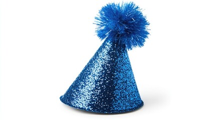 Blue glitter party hat with pompon on white background.