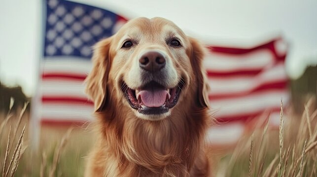A golden retriever standing tall in front of a waving U.S. flag, embodying the spirit of American pride and resilience