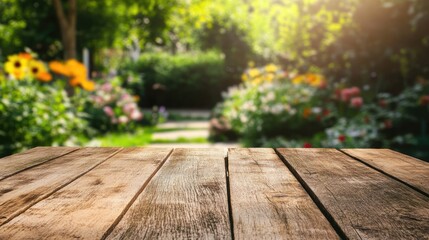 Blurry outdoor garden background with empty wooden table Copy space for marketing promotion