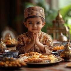 Adorable Young Boy in Traditional Attire Offering a Prayer During a Festive Meal