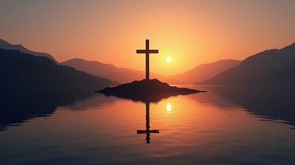 Serene Cross Silhouette at Sunset: A Symbol of Faith and Tranquility