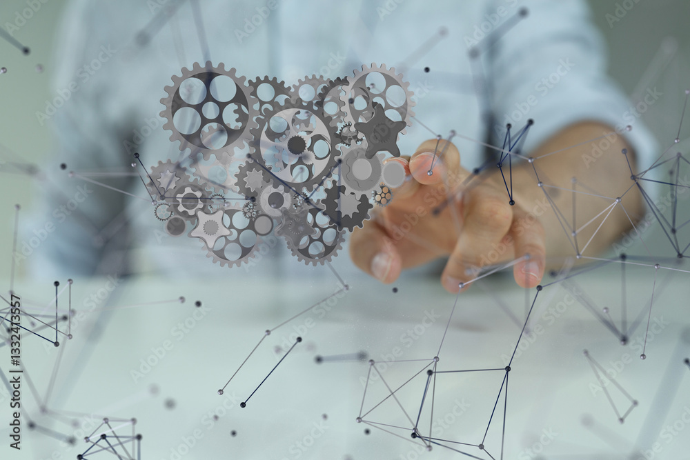 Poster gear system data. Connecting lines and dots.Big data visualization